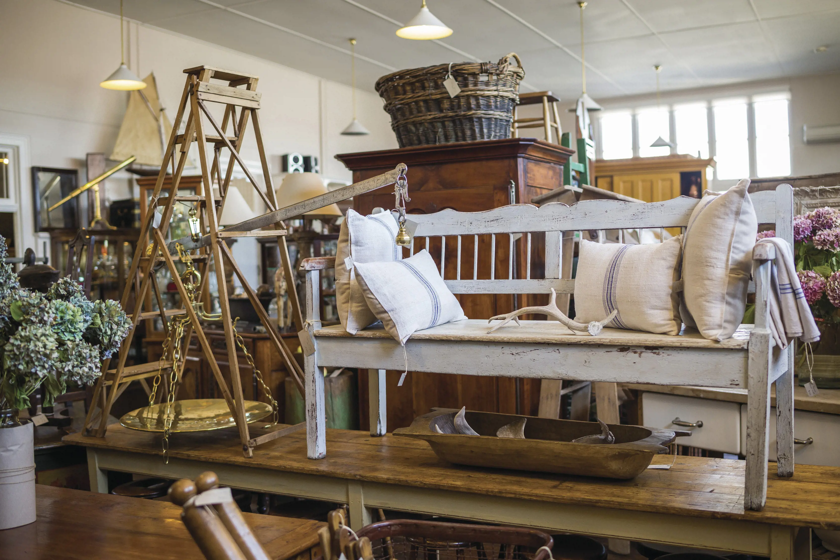 Wooden bench for sale at The Drill Hall Emporium antiques store