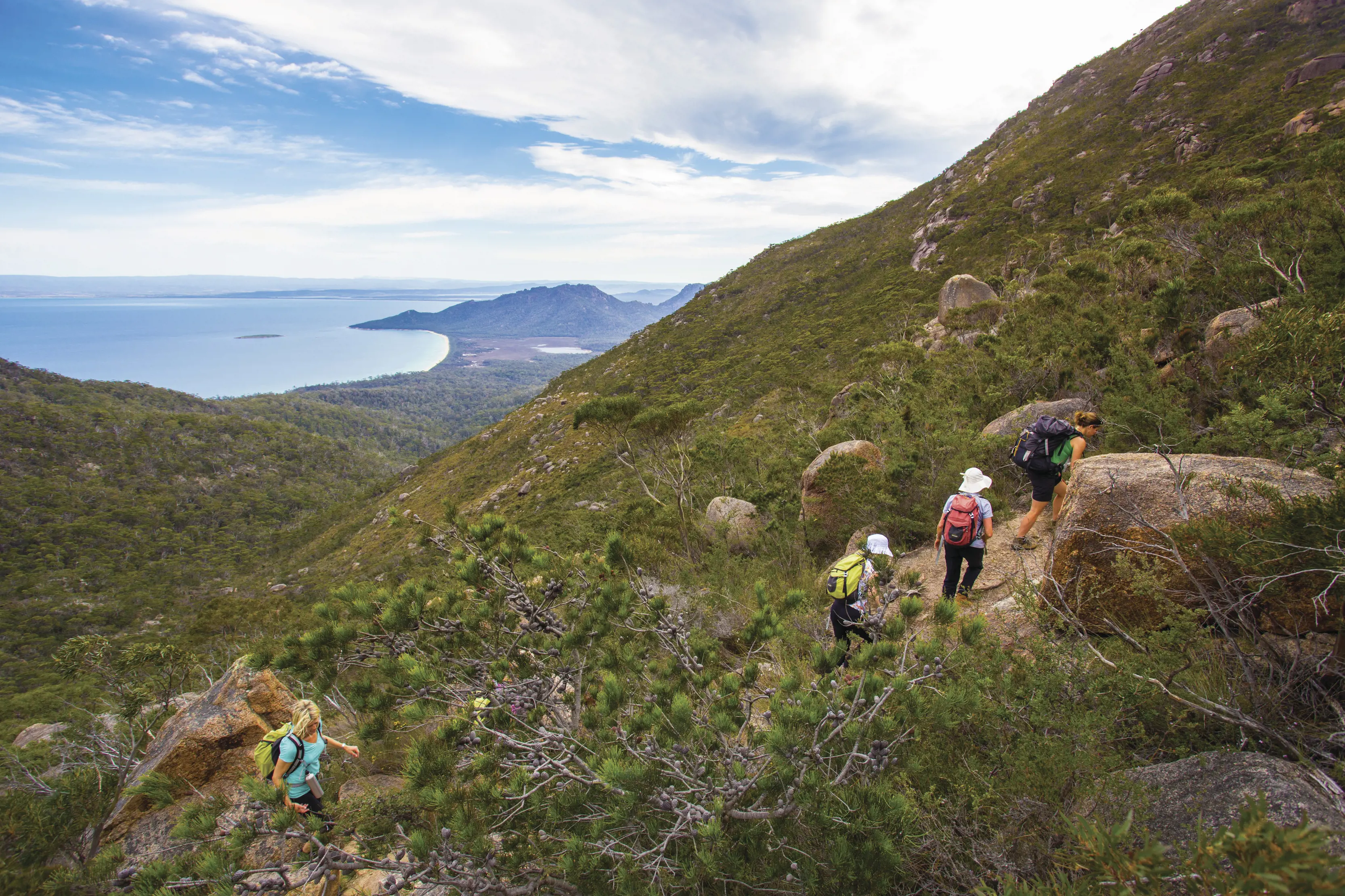 Landscape view with of hikers climbing in the foreground at The Freycinet Experience Walk