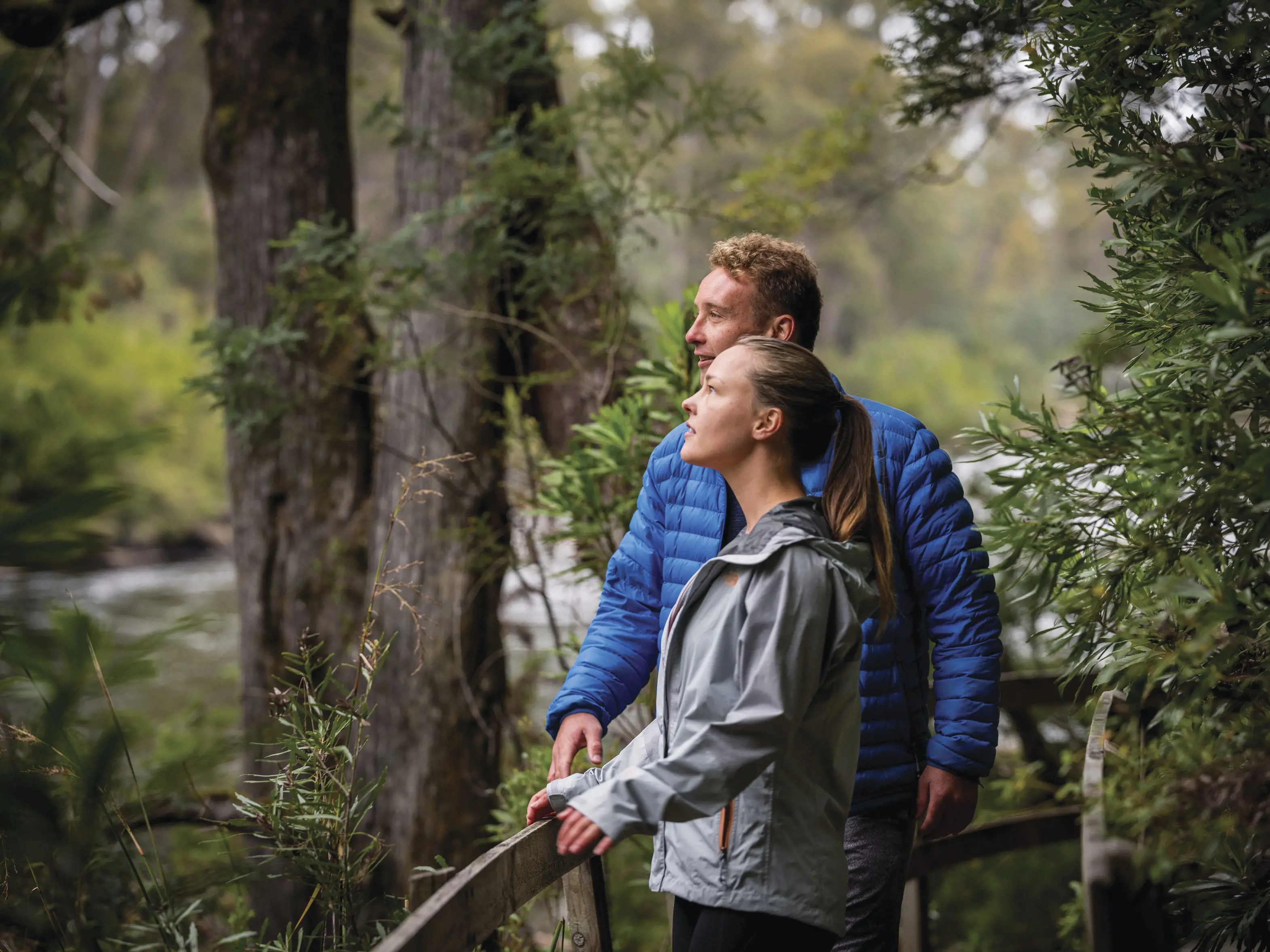 A man & women on the Huon Pine Walk, Tahune Adventures.