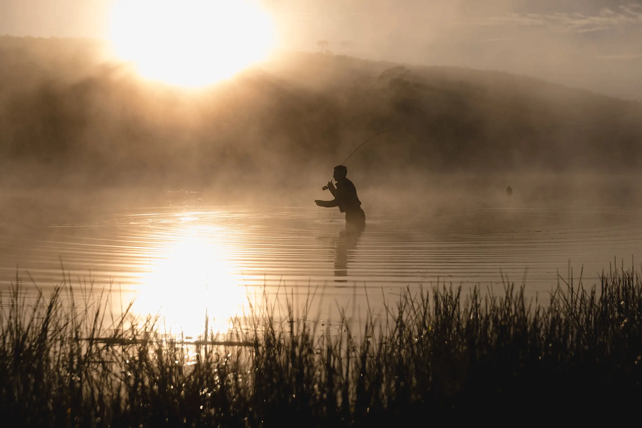 A silhouette of a person fishing standing in thigh-deep lake water. The sun is rising over a mountain in the distance, illuminating the misty morning.