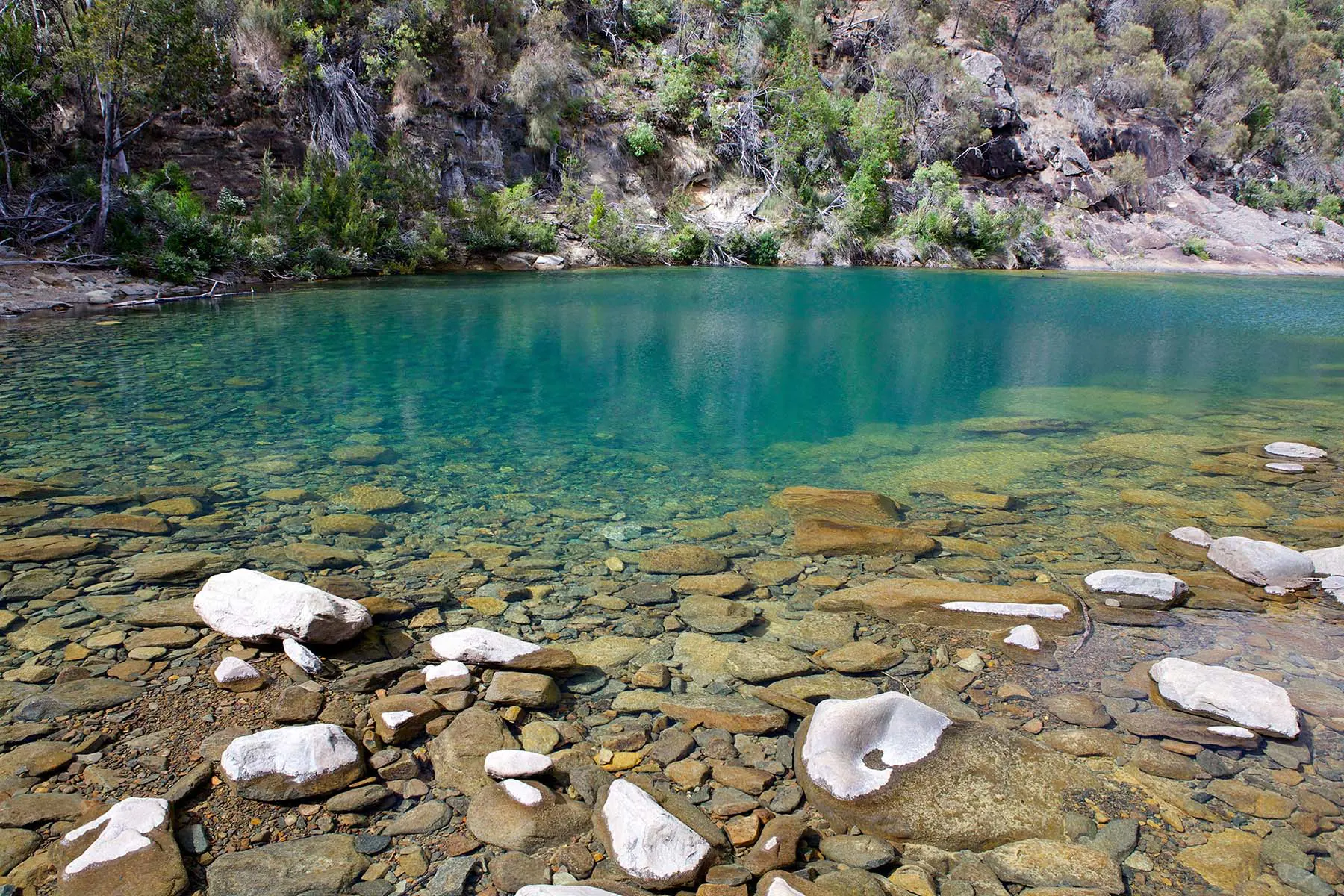 A clear, shallow lake with a rocky bottom and turquoise water is surrounded by a forested hillside. The water near the shore is crystal clear, revealing pebbles beneath the surface.