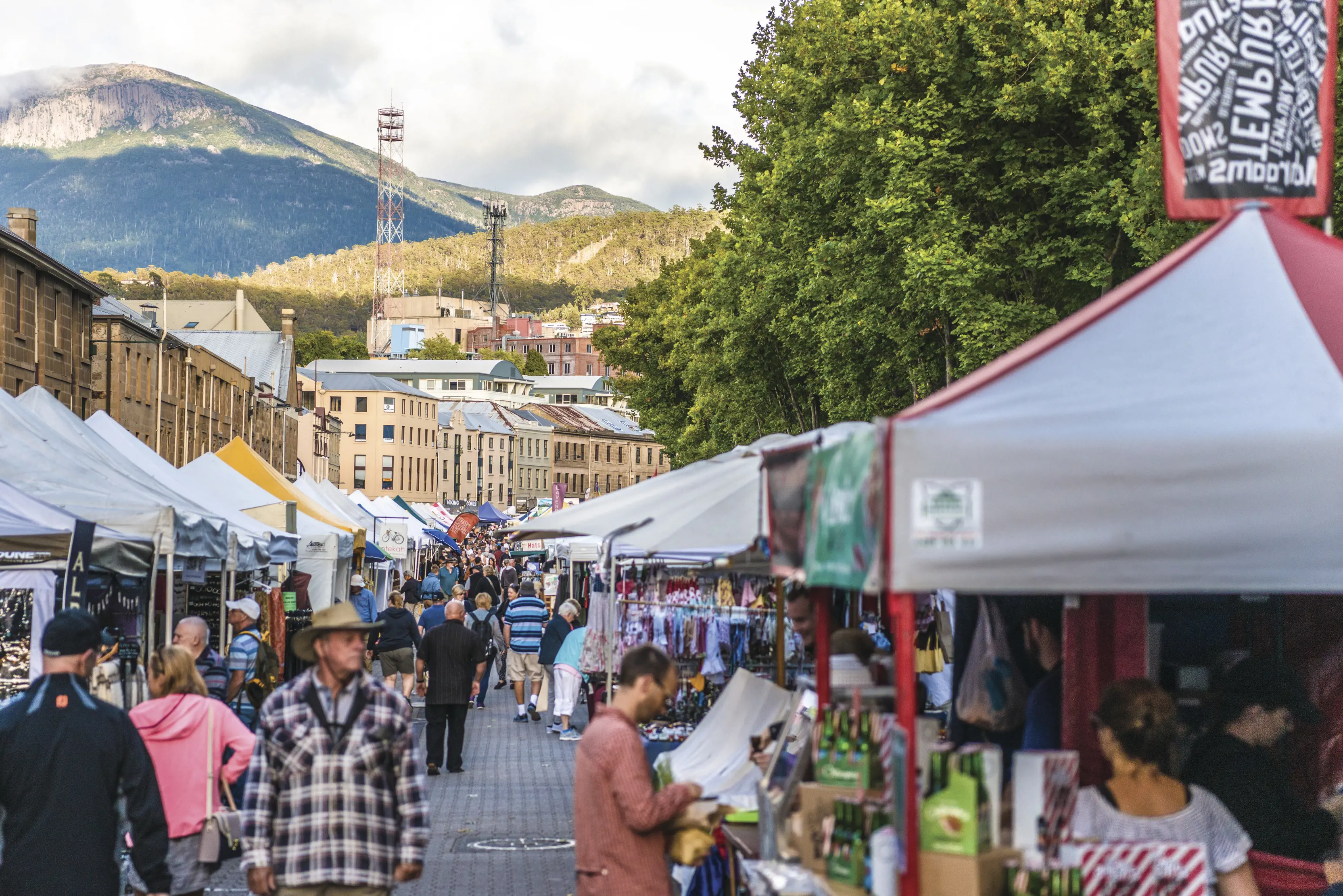 Looking down the busy stalls of the Salamanca Markets, Battery Point.