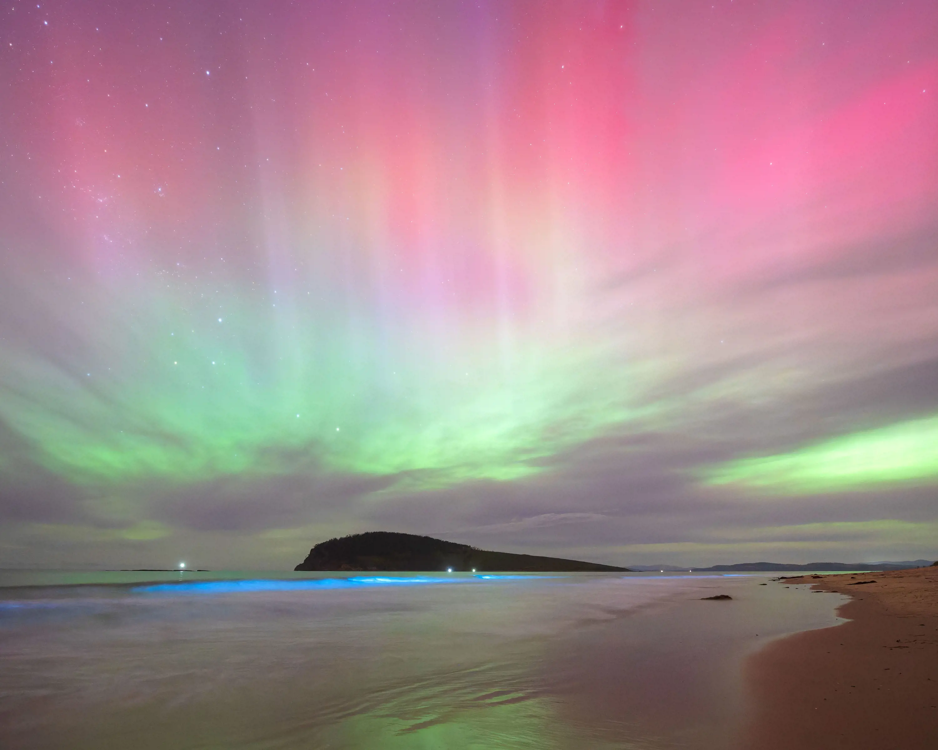 Standing on the beach looking up to the pink, purple and green lights of the Aurora shining brightly overhead, with just a few stars and clouds peeking through. In the water, a thin line of glowing blue bioluminescence is visible.