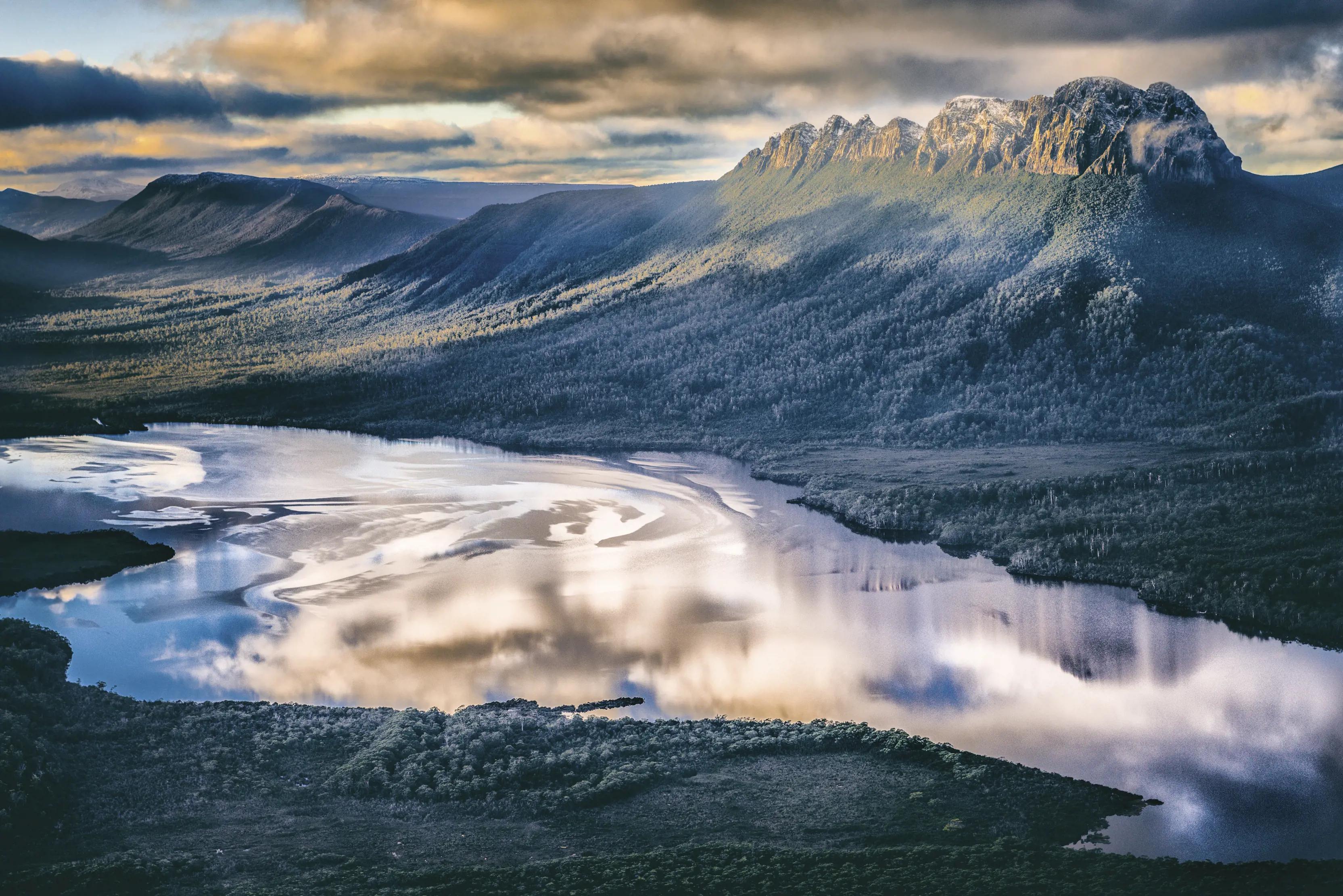 Landscape of Par Avion Wilderness in the remote South west wilderness of Tasmania with New River Lagoon in the foreground.