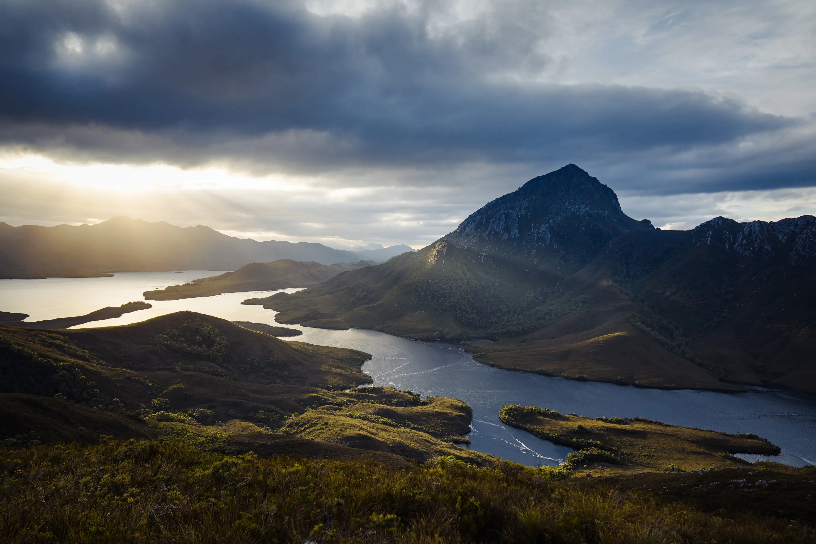 Bathurst Harbour with mountain peak in the background, Southwest National Park.
