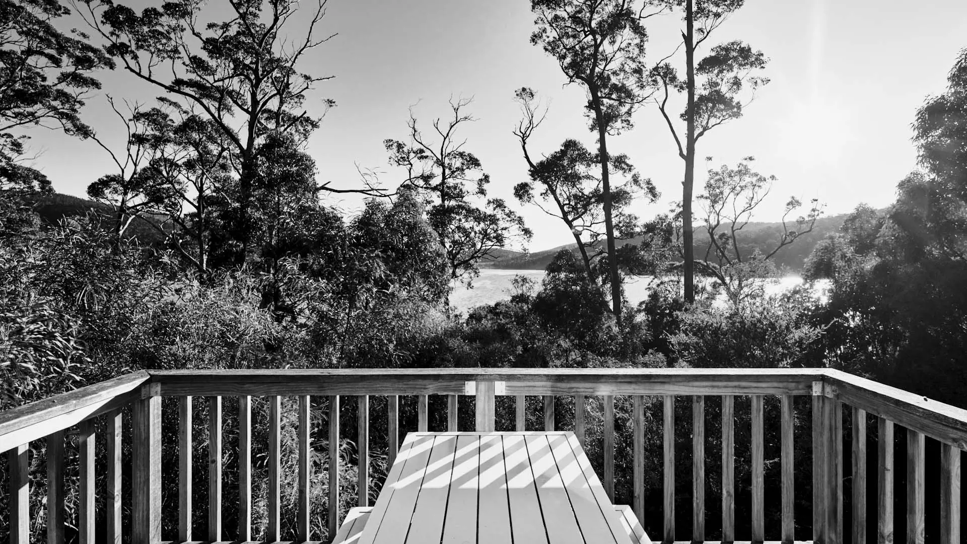 A scenic view is shown from a wooden deck surrounded by trees, with sunlight streaming down onto the landscape including water and hills in the distance.