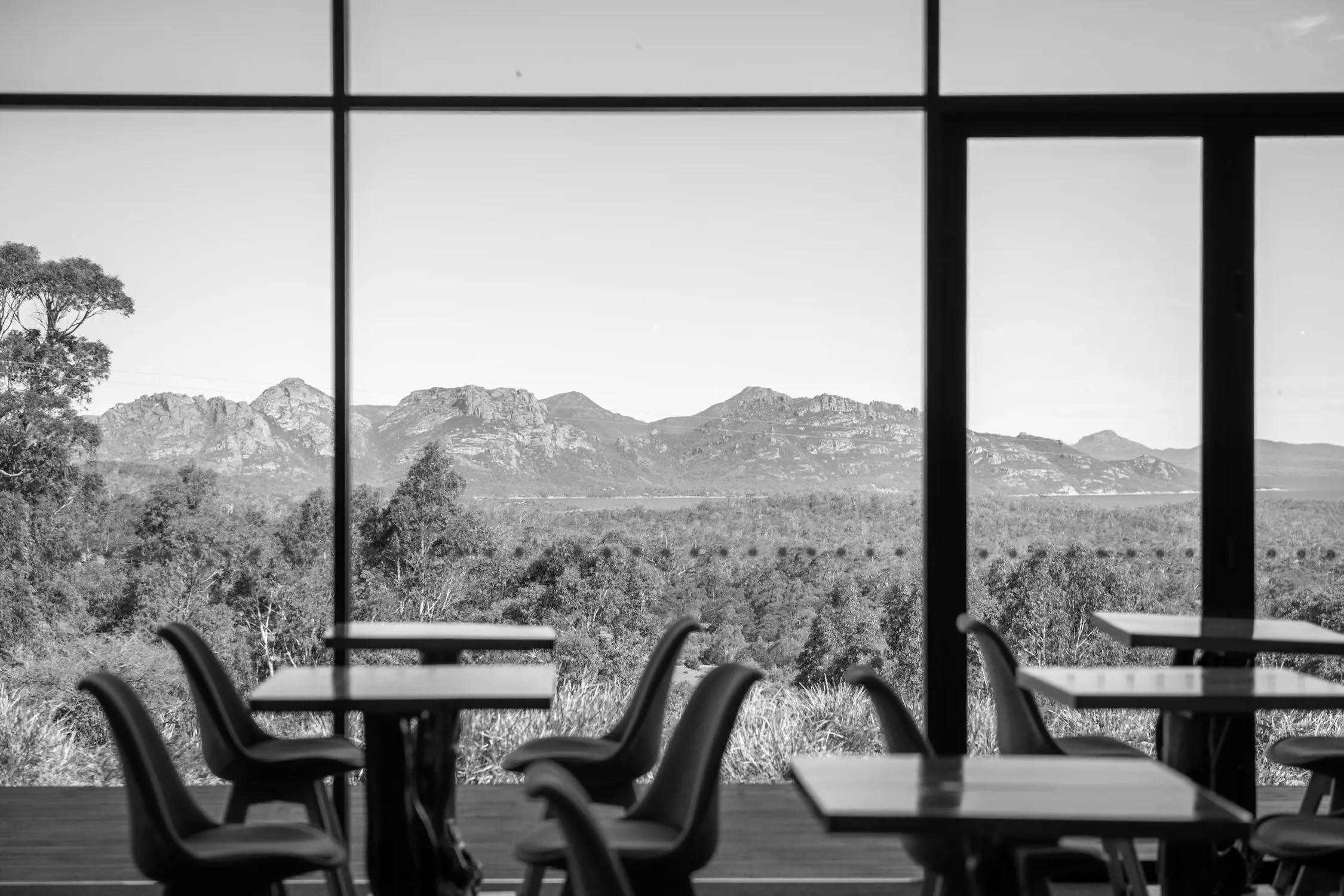 A modern resort interior with large glass windows framing a view of the rugged Freycinet mountain range. The room features minimalistic furniture that complements the surrounding natural beauty.
