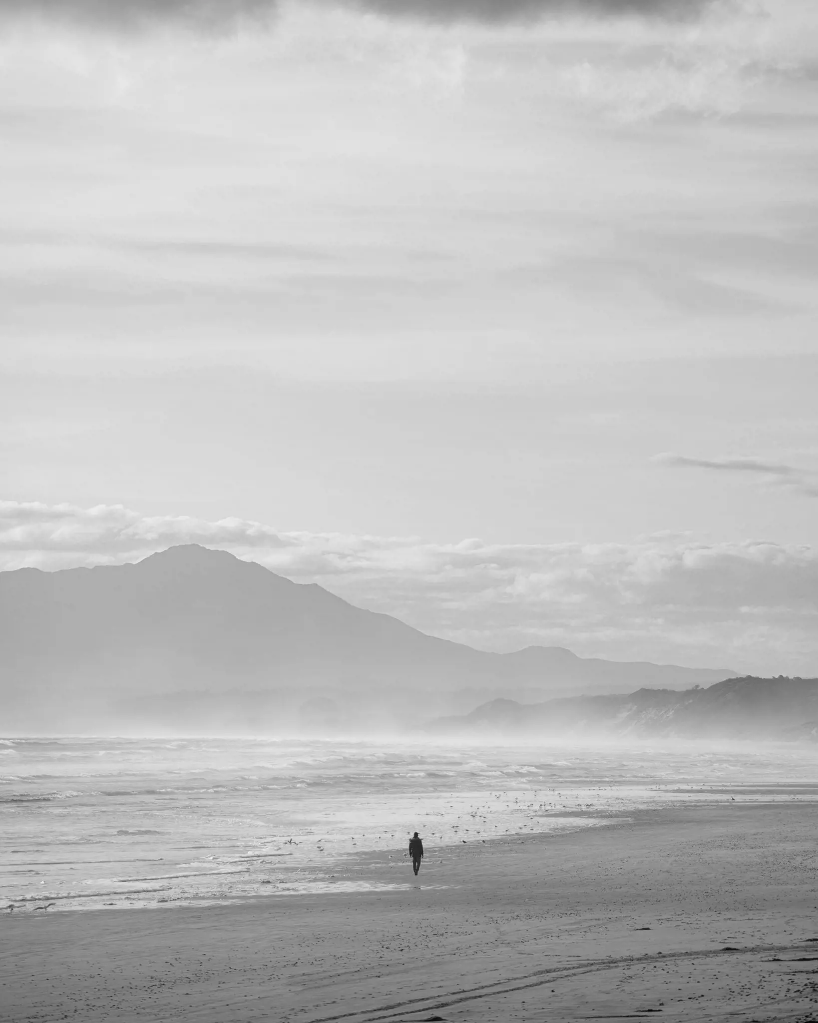 A lone person walks along the vast, windswept Ocean Beach, with mist rising from the shoreline and mountains silhouetted in the distance.