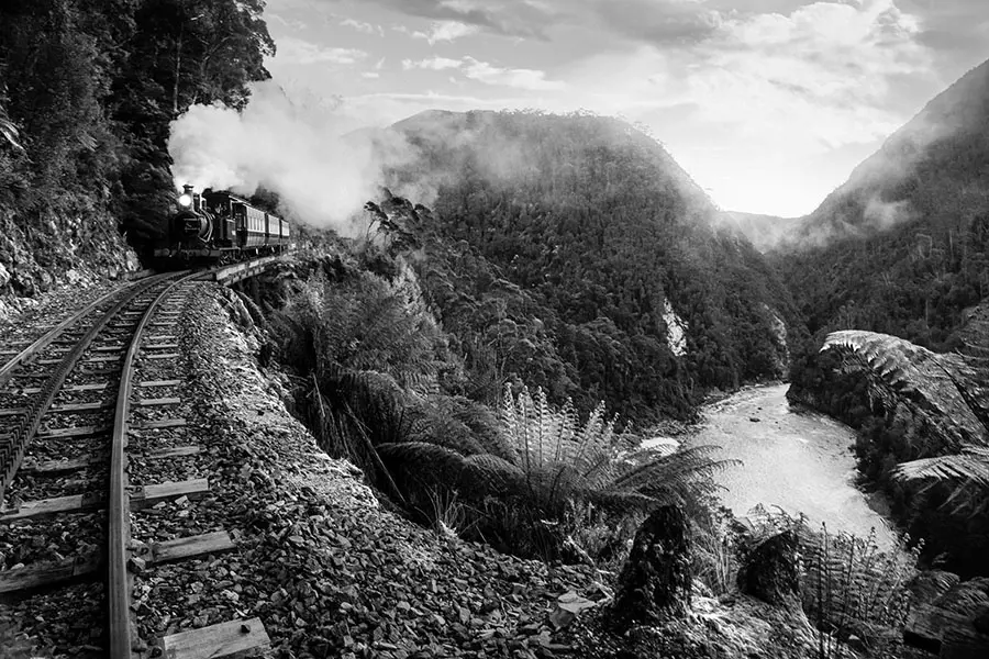 A vintage steam train rolls through misty rainforest on Tasmania’s West Coast Wilderness Railway, surrounded by lush greenery and soft winter fog.
