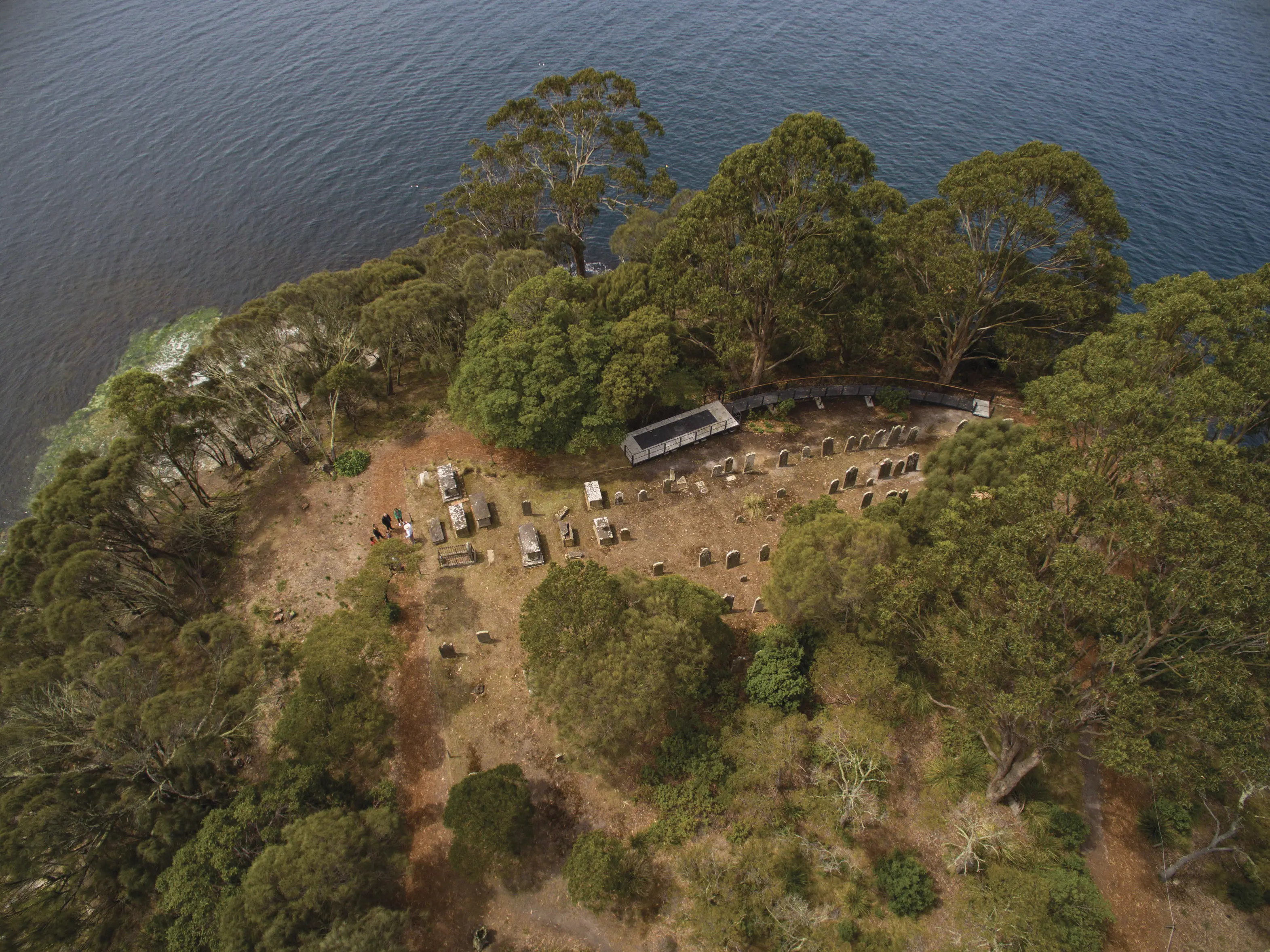 Incredible aerial image of the graveyard, near the ocean, Port Arthur Historic Site.