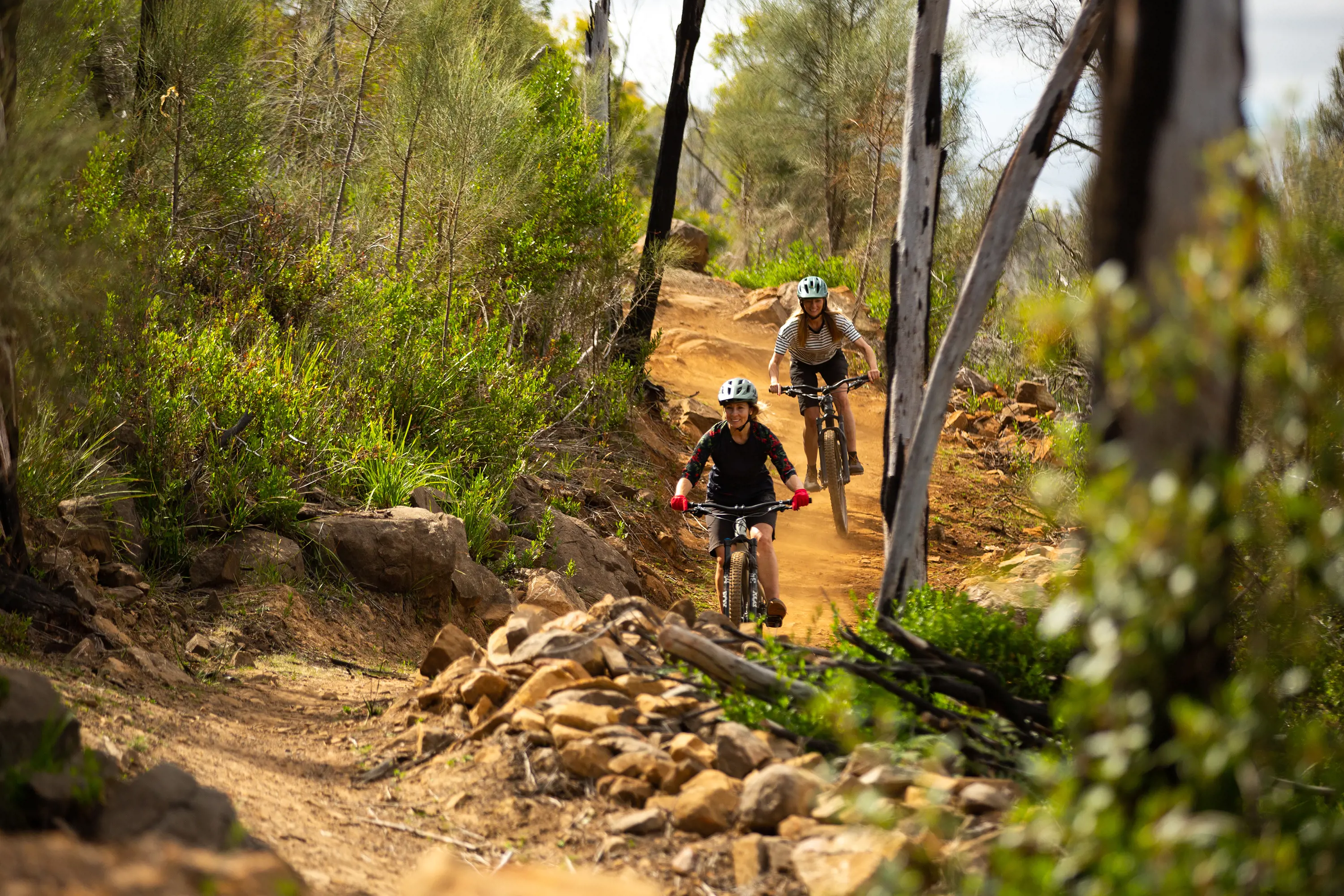 Two riders negotiate a dirt section through bushland on the George Town Bike Trail.
