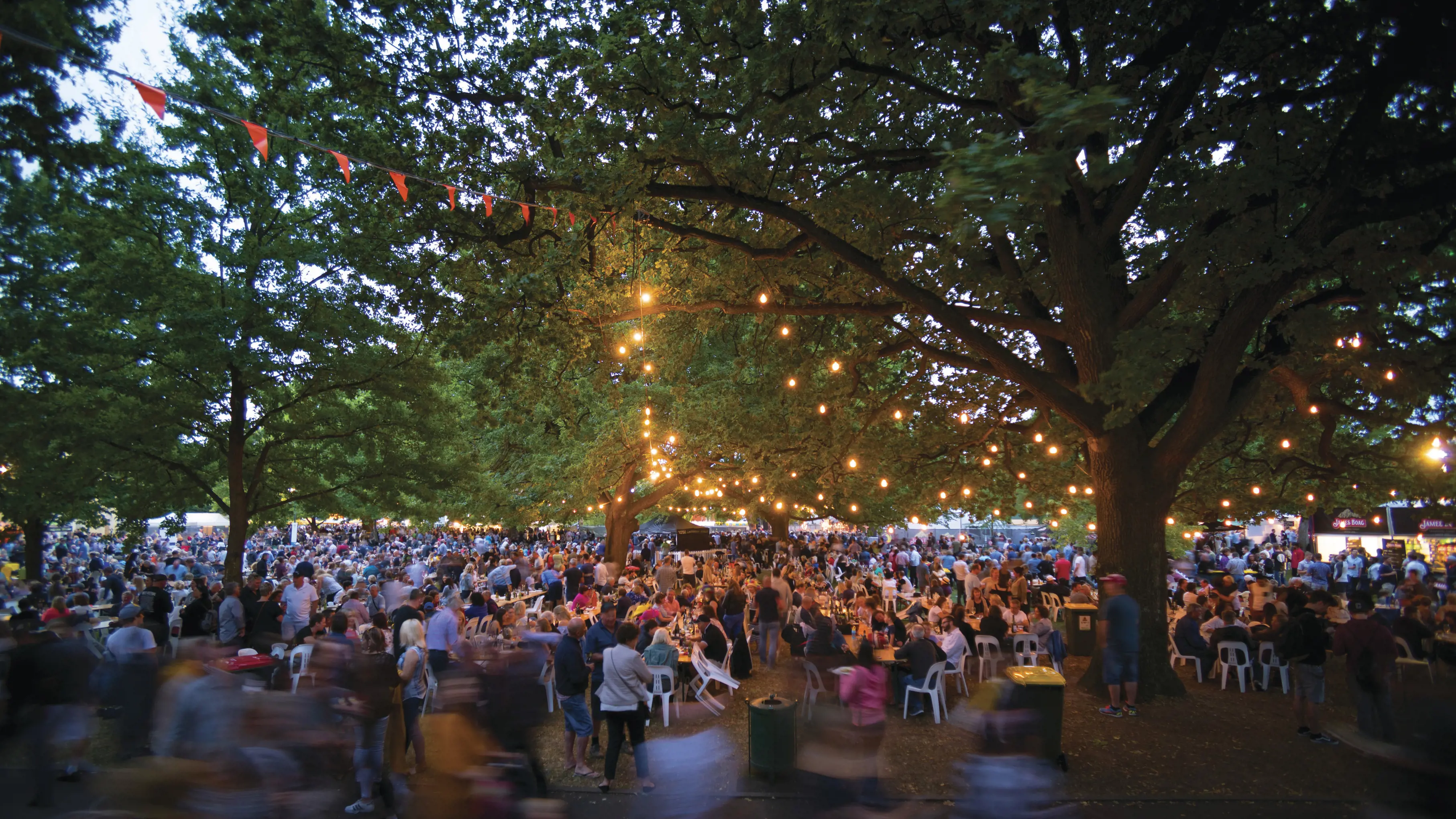 People surrounding the picturesque City Park's Festivale. Emersed with leafy trees and the gentle glow of golden festoon lights hung amongst the branches.