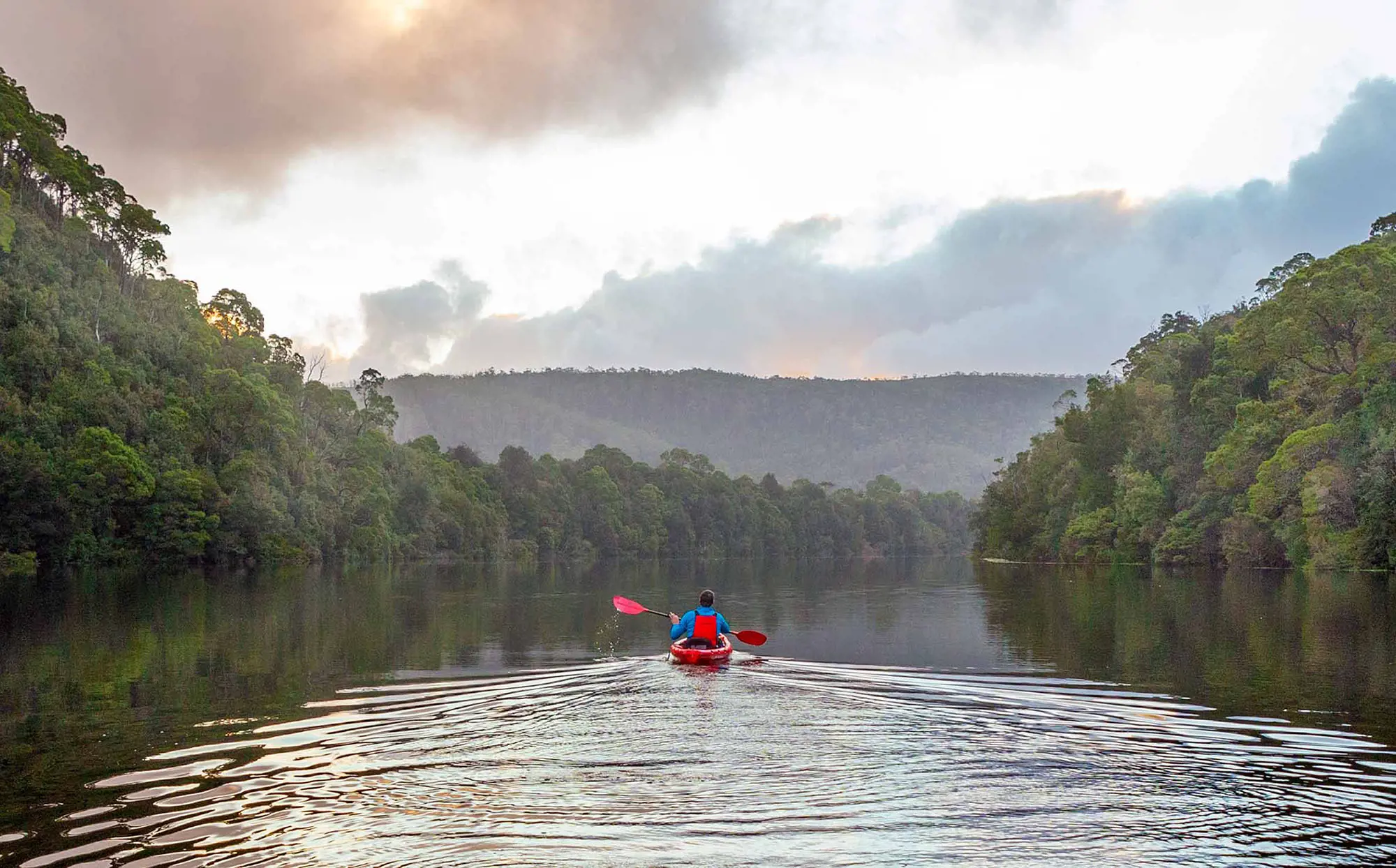 A person wearing a red lifejacket kayaks down a wide, still river. Deep green forest lines both banks and into the distance with the riverbend.