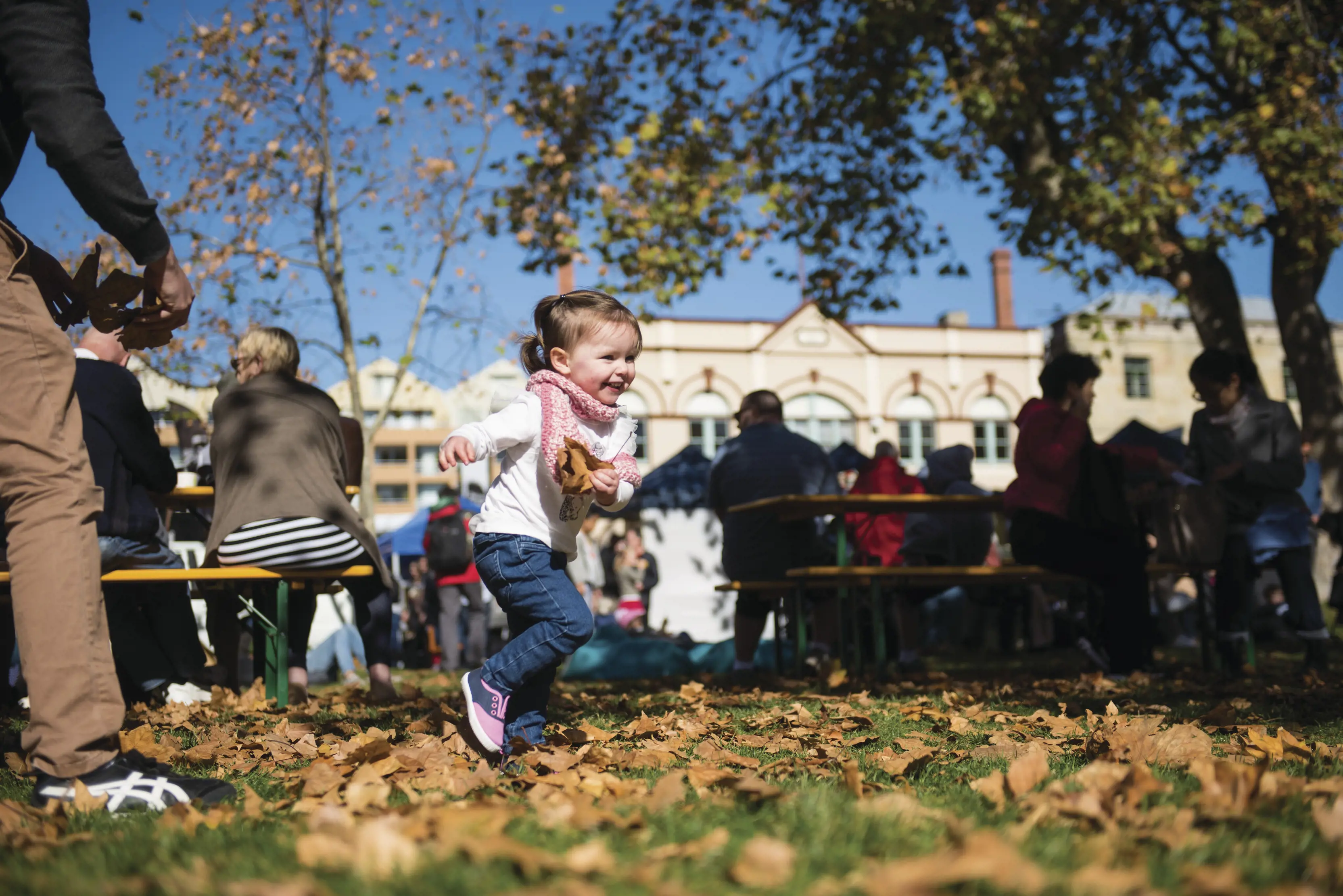 A little girl playing amongst the leaves at Salamanca Market.